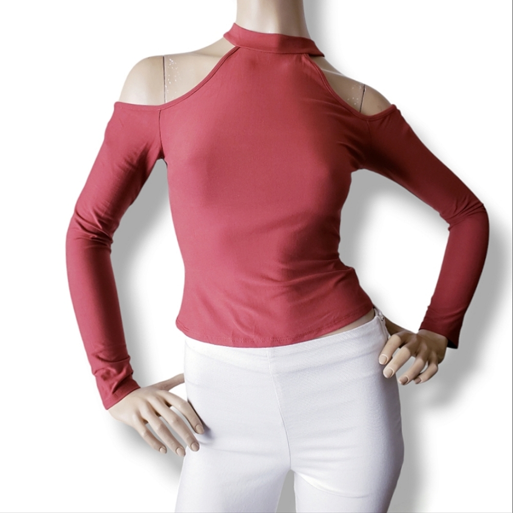 Mocking Jay Rust Choker Neck Cold Shoulder Criss Cross Back Long Sleeve Top